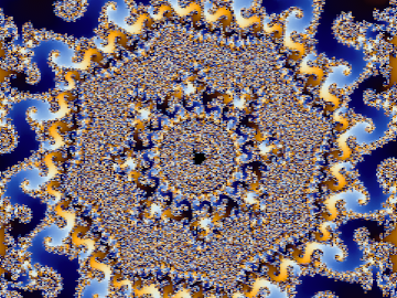 Mandelbrot set at extremely high magnification showing pixelation from floating-point error.